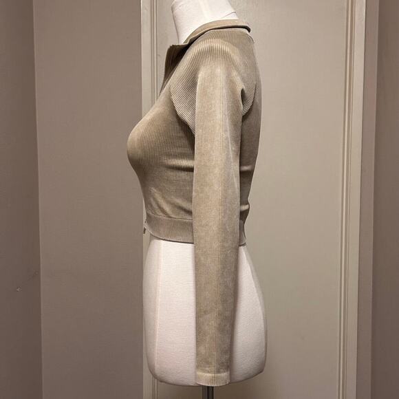 Mono B Women's Cropped Ribbed Zip-UP Jacket Taupe Size SM - Picture 3 of 10